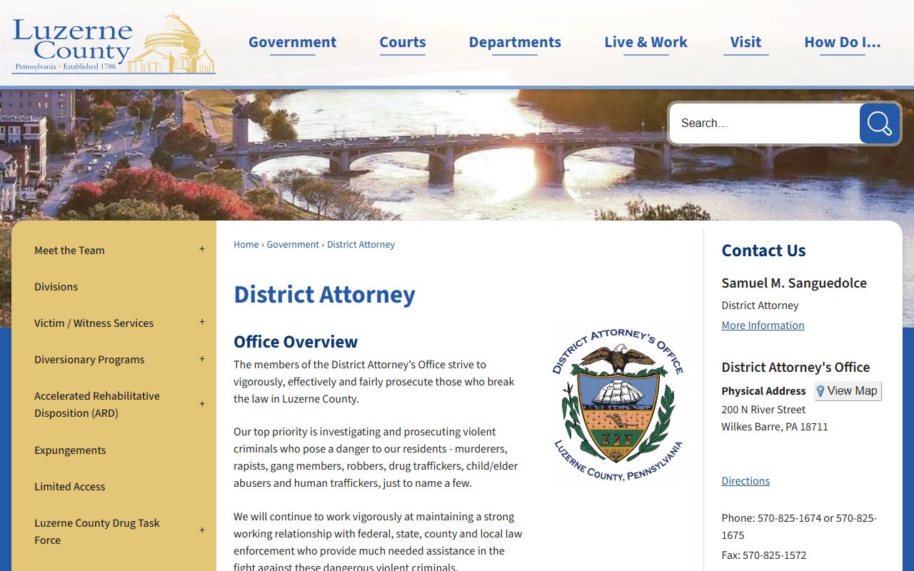Luzerne County District Attorney page for prosecutor contact information after an arrest