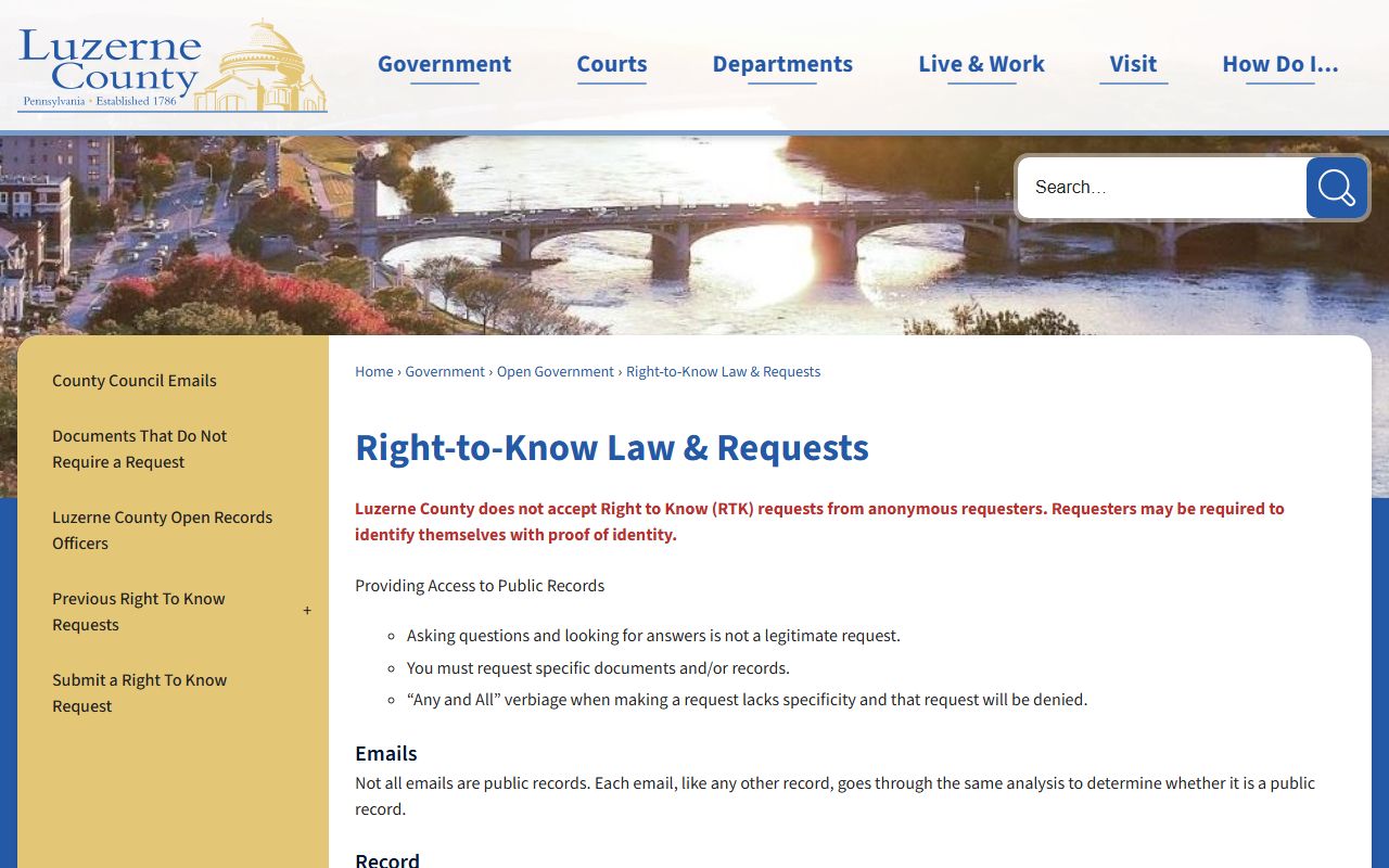 Luzerne County booking photo Right-to-Know request page