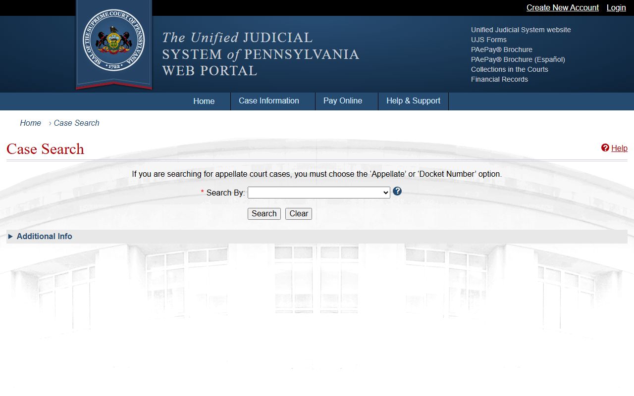 Pennsylvania UJS Case Search form for court records after a Luzerne County arrest